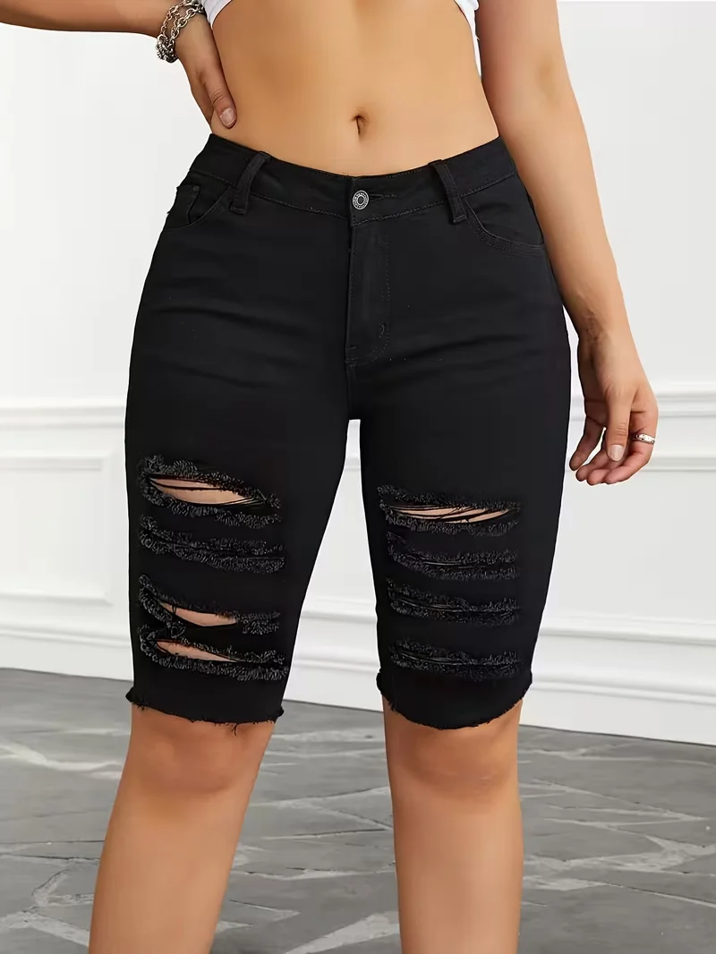 Zerrissene Enge Weiße Denim-Shorts für Damen Sexy Schlanke Elastische Hip-Hop Loch-Shorts Weibliche Mode Y2K Street Knielange Hosen – Detail 11