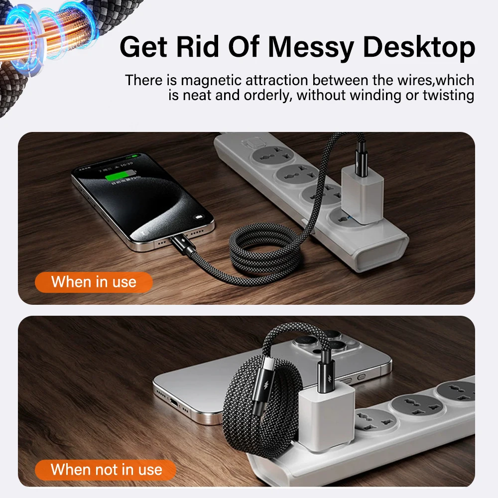 27W 100W 마그네틱 타입 C USB to iOS 케이블, 아이폰 15 14 16 Pro Max, 삼성 S25, 구글 마그넷 스토리지용 코일형 고속 충전 케이블