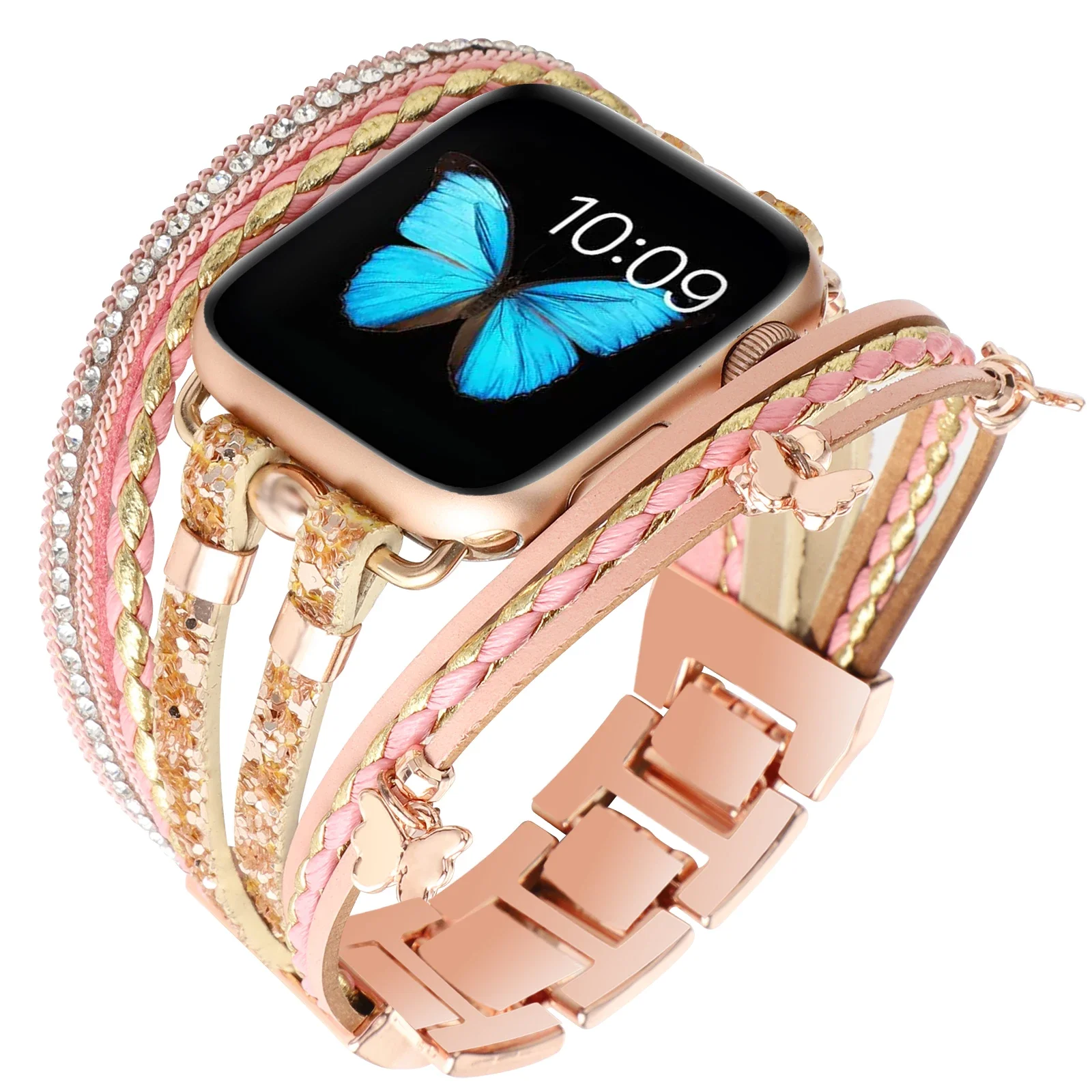 Metal+Leather Strap For Apple Watch Ultra/2 49mm 9 8 7 45mm 41mm Women jewelry Band For iwatch 6 5 4 SE 44mm 42mm 40mm 38mm Belt