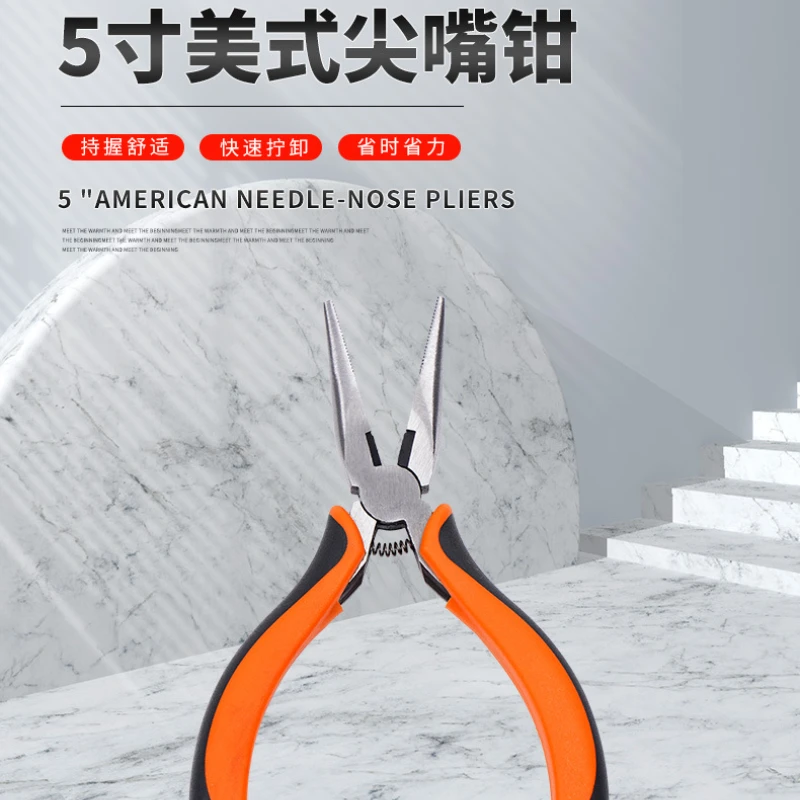 

5 Inch American Needle Nose Pliers Spring Orange Black Sleeve Handle with Teeth Needle Nose Pliers