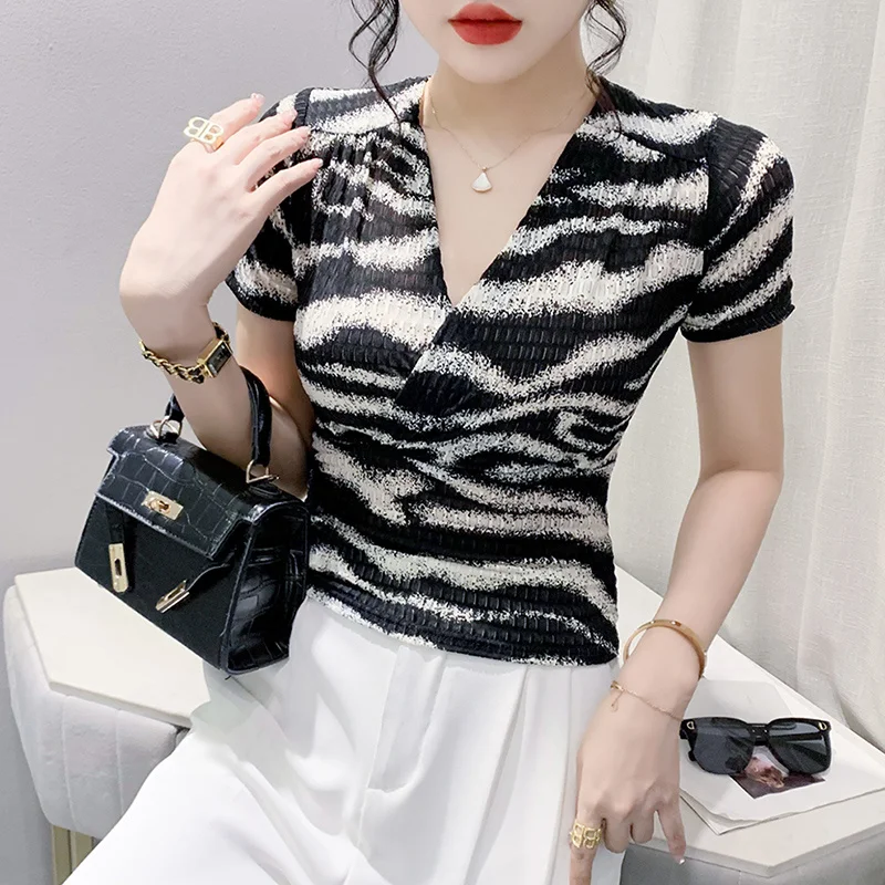 

#6756 футболка в полоску с принтом зебры, летняя облегающая короткая футболка с коротким рукавом, Женская Офисная Сетчатая футболка с запахом и V-образным вырезом, Женская эластичная футболка