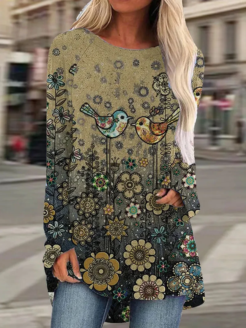 T-shirt-imprim-floral-manches-longues-pour-femmes-T-shirt-d-contract-de ...