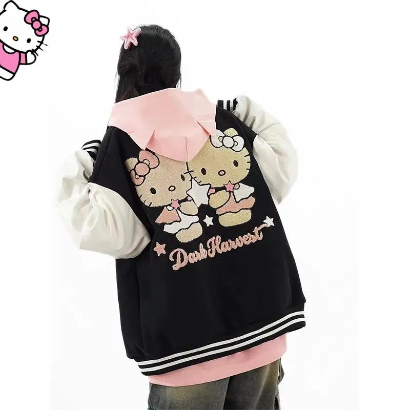 

Sanrio Baseball Uniform Coat Woman Hello Kitty Anime Figure Cute Sweet Ins Jacket Coat Student Y2K Dopamine Hooded Hoodie Autumn