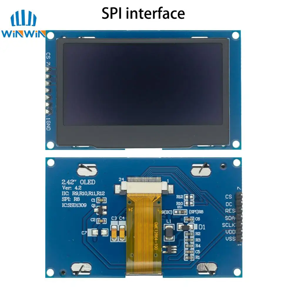 OLED LCD Display Module Display Module LCD Display Module OLED Display Module 2.4-2.42 inch 128x64 SSD1309 12864 7 Pin SPI/IIC I2C Serial Interface for Arduino UNO R3 C51