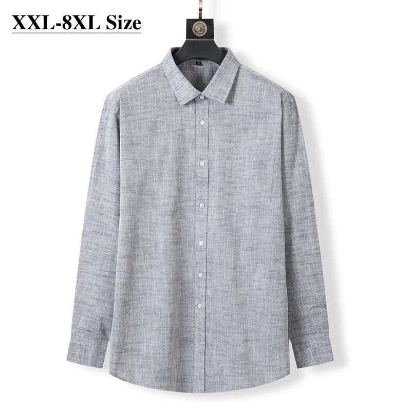 

Size Plus 6XL 7XL 8XL Autumn Men's Cotton Linen Long-sleeved Shirt Loose Solid Casual Comfortable Turn-down Collar Male