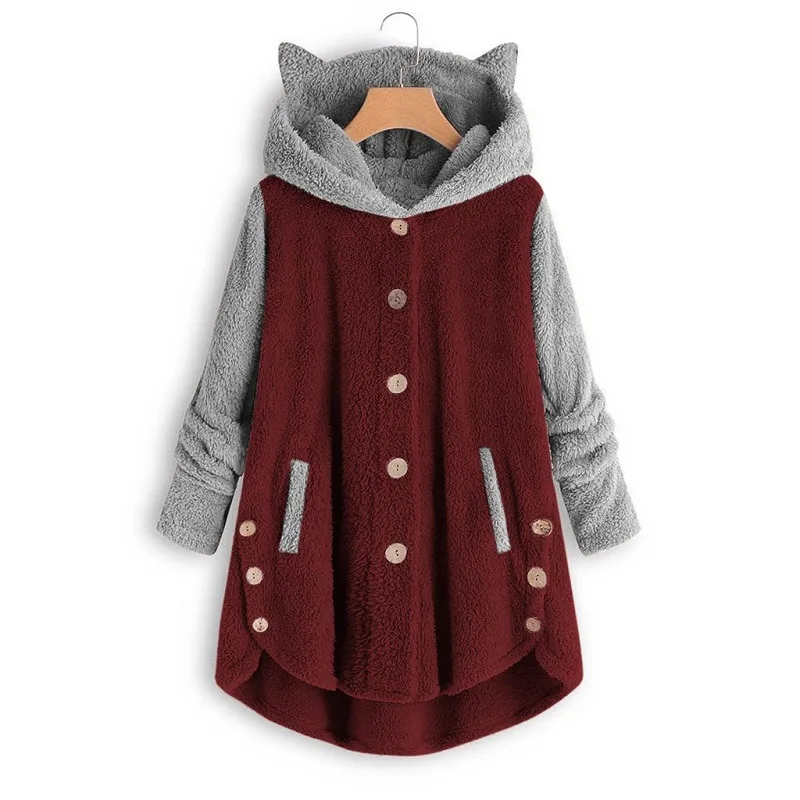 Cat Print Long Hoodies Sweatshirt Women Fleece Warm Button Pocket Pullovers Cat Ear Plus Size Hoodie Top Blouse Sweat Femme 6