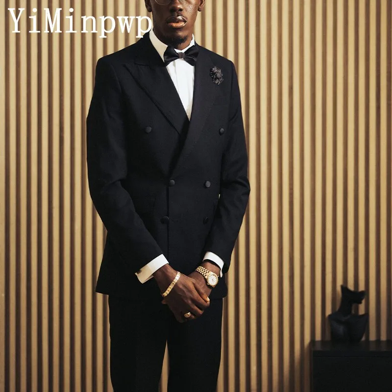 

Black Wedding Suits for Groom Double Breasted Peak Lapel Blazer Sets Tuxedos for Men vestito elegante uomo da matrimonio 2 Piece