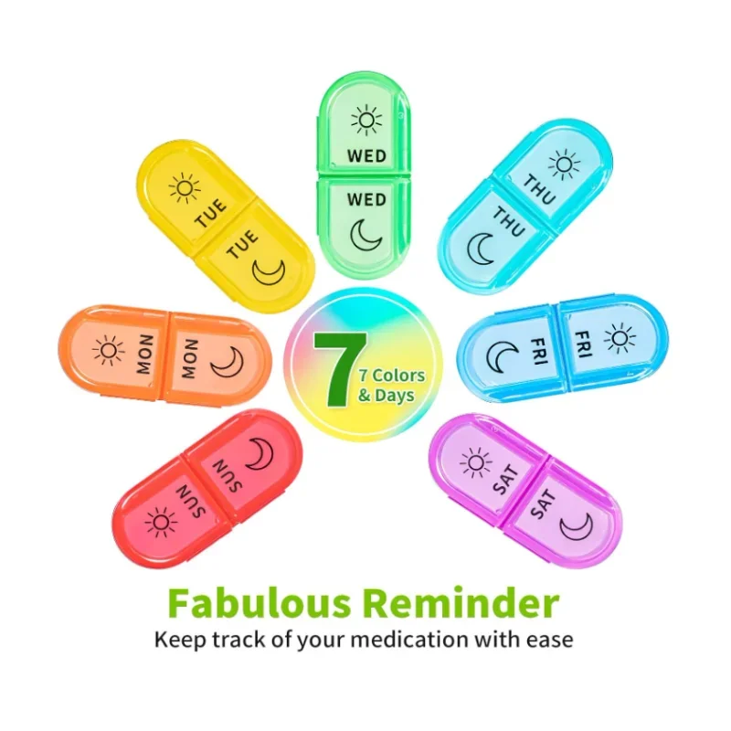 Weekly Pill Box in Rainbow Colors Portable Travel Case Medication Vitamins Supplements Large Compartments for Vitamins Medicine