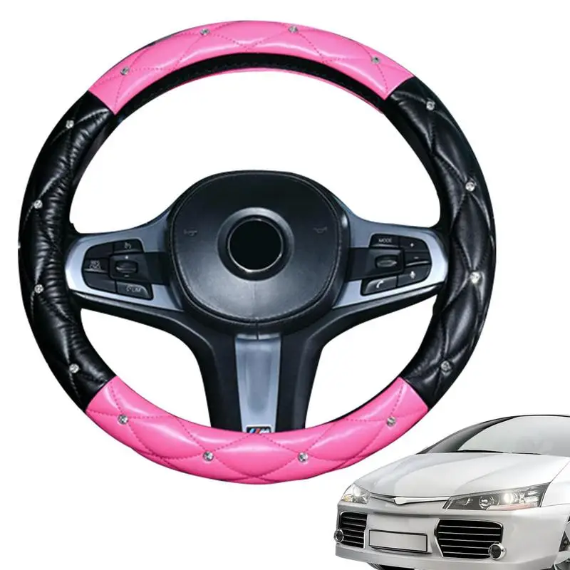 

Steering Wheel Cover With Rhinestones Anti-Slip Rhinestone PU Leather Steering Wheel Cover Soft Car Interior Accessories For