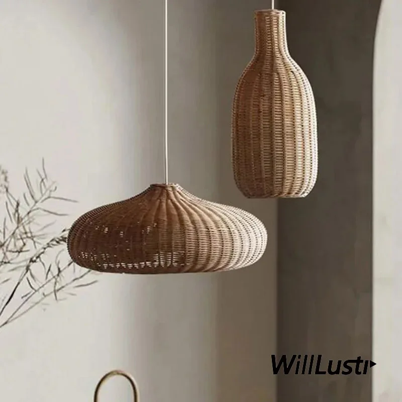 

Hand Knitted Wicker Pendant Lamp Handmade Rattan Suspension Light Teahouse Home Hotel Cafe Zen Style Hanging Ceiling Chandelier