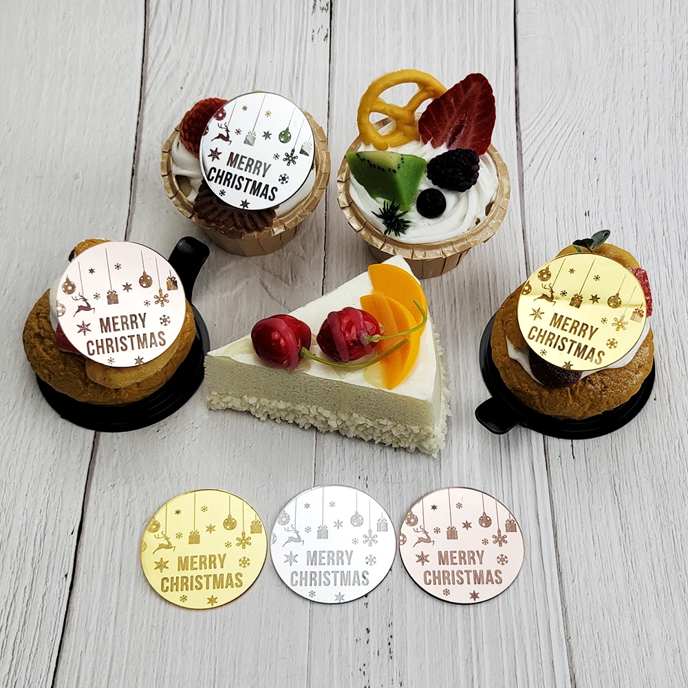 5pcs Merry Christmas Cake Topper Gold Silver Cake Decor Tools Snowflake Round Christmas Cake Decorations Xmas Party Supplies