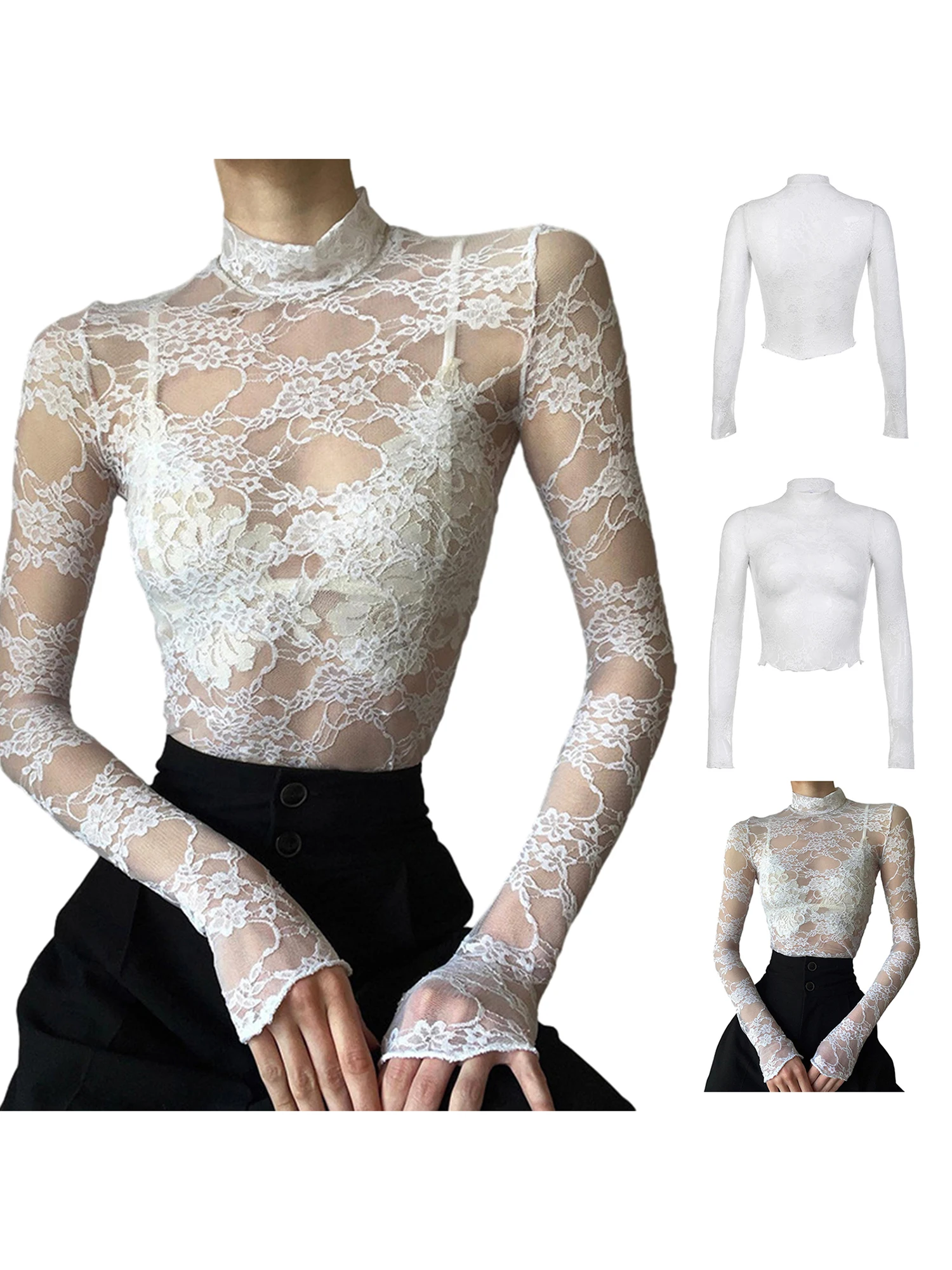 Women Lace Floral Slim T-Shirt White Long Sleeve Mock Neck Crop Tops White See Through Shirt Tops Fairy Grunge 2000s Streetwear