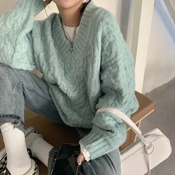 스웨터 여성 가을과 겨울 2022 새로운 V-neck 풀오버 느슨한 유휴 스타일 아우터웨어 탑 두껍게 트위스트 니트