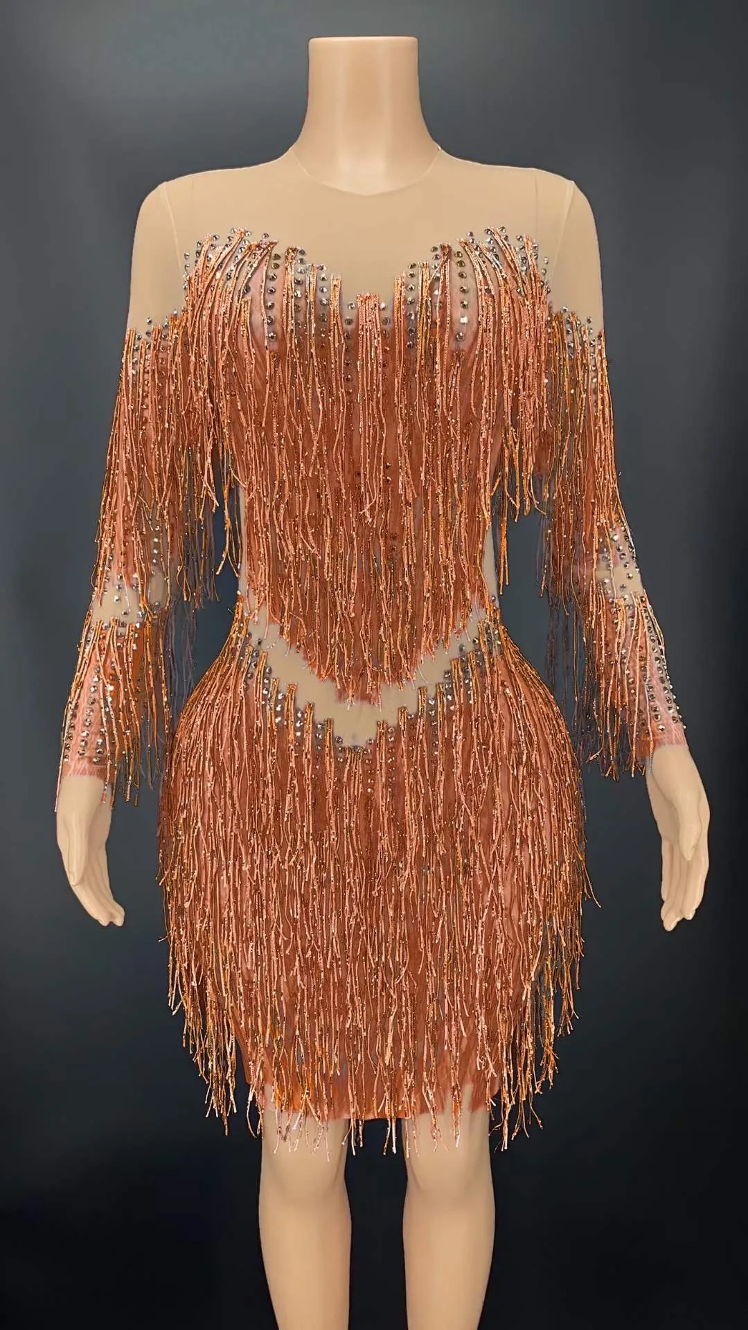 

Multicolored Shining Tassel Sexy Long Sleeves Dress For Women Jazz Latin Prom Clothing Stage Singer Costumes Party Wears