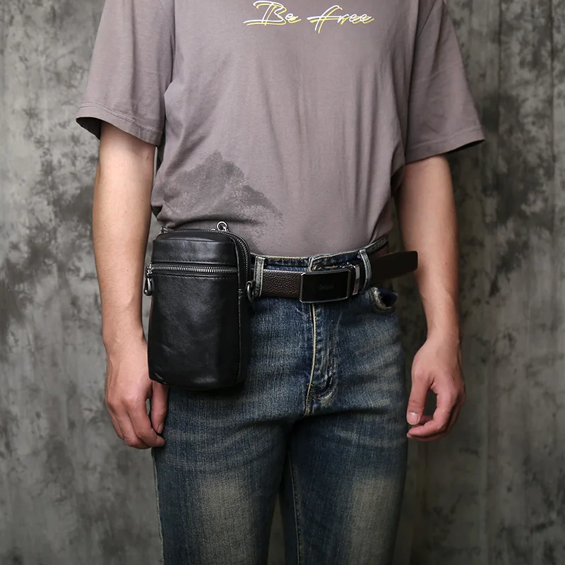 NZPJ Genuine Top Layer Cowhide Leather Men's Crossbody Shoulder Bag Casual Multifunctional Wear as Belt Waist Hanging Bag