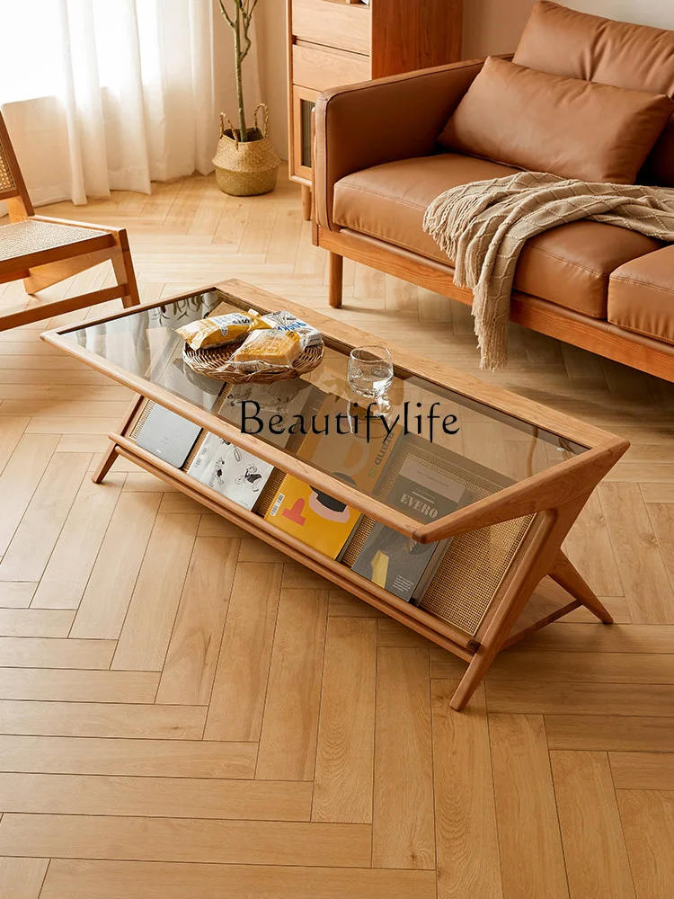 

Solid Wood Tea Table Nordic Rattan White Wax Home Tea Table