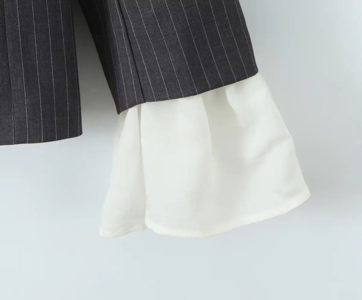 Chill Gray Striped Removable Flare Cuff Blazer Boyfriend Vintage Women Notched Collar Loose Suit Fashion Coat Black