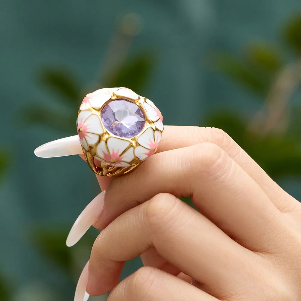 Vintage Blumen-Emaille-Design Kuppelring Statement Edelstahl Chunky Ringe 18k Vergoldet Großer Funkelnder Steinring für Damen – Detail 9