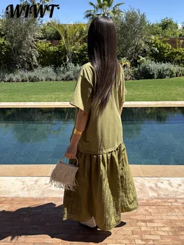 Loose Patchwork Women's Pleated Dresses Fashion Short Sleeve O-neck Long Robes 2026 Summer New Female Elegant Casual Dress 1