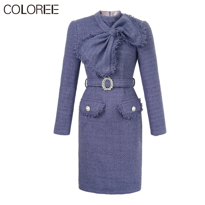 

Purple Woolen Dress Women Korean Fashion Elegant Bow Long Sleeve Alim Dresses 2023 Autumn Winter Purple Ropa De Mujer