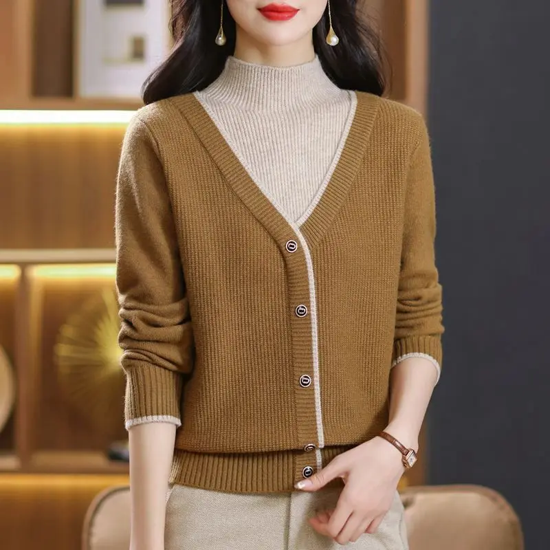 Women's Autumn Winter Fashion Pullover Half High Collar Colored Long Sleeve Loose Sweater Knitted Fake Two Piece Bottom Tops