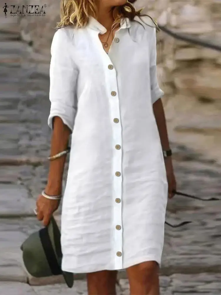 

ZANZEA Casual Loose Single Breast Vestido Vintage Cotton Shirt Dress Holiday Round Neck Half Sleeve Robe 2023 Knee-length Dress