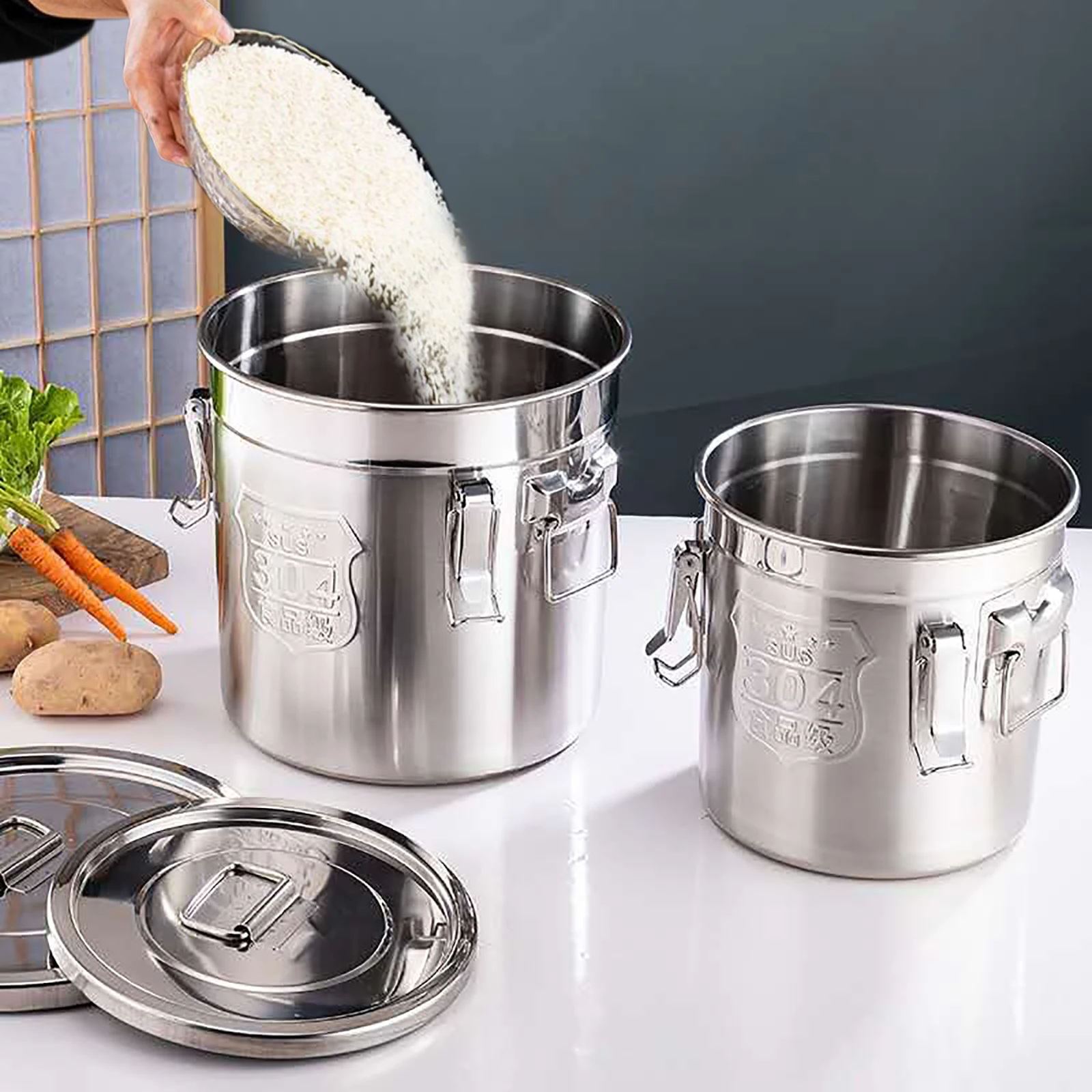 

Stainless Steel Airtight Canister for Kitchen, Dry/Wet Food Rice Cereal Grain Canisters Container Fresh Storage Bucket w/Handles