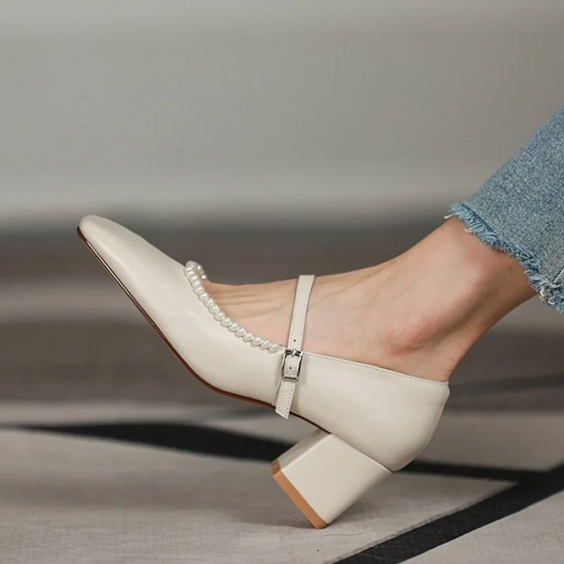 

Elegant Ladies Summer Pearls Shoes Square Toe Spring Autumn One Strap Pumps French Style Beige Pumps High Heel Shoes Woman