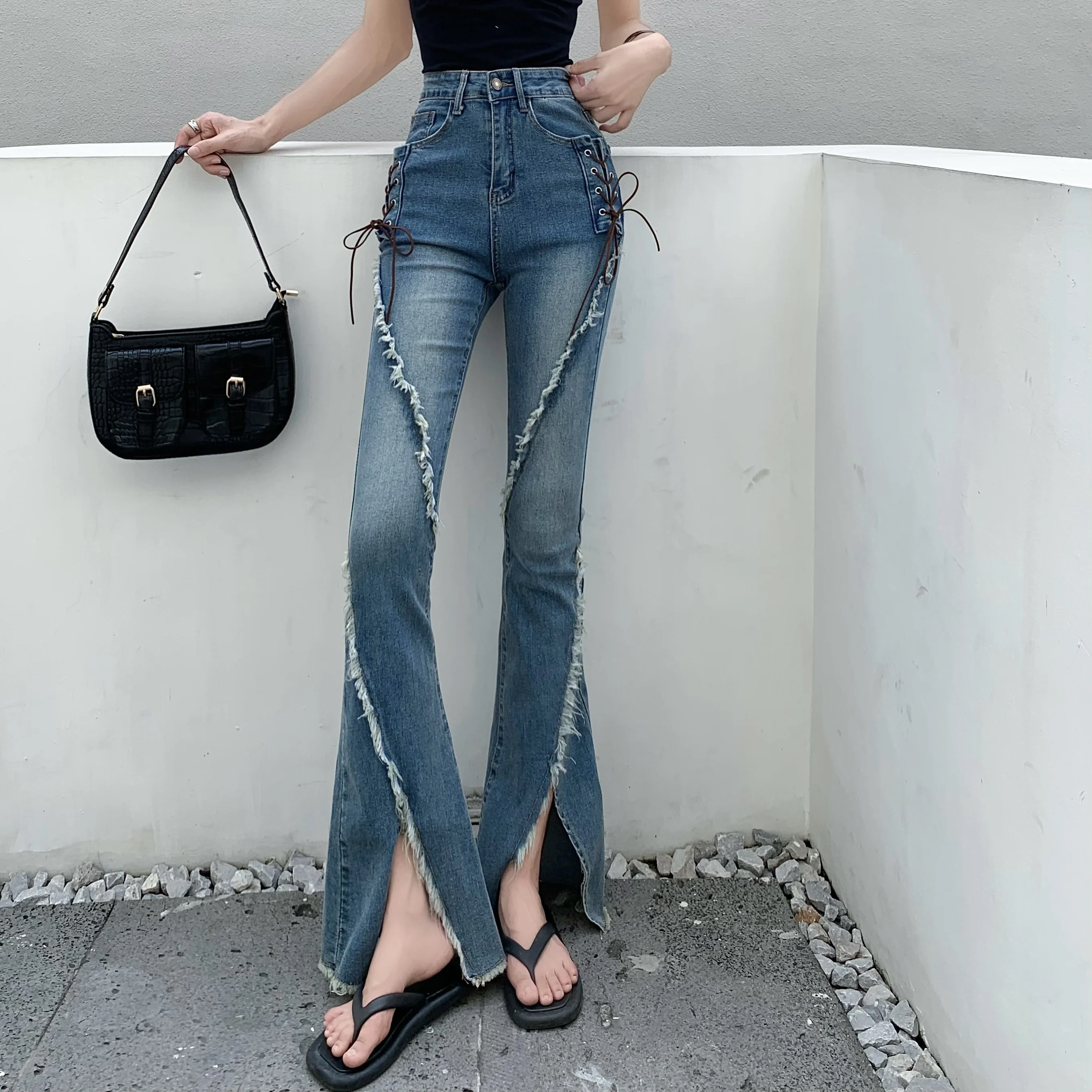 Vintage Ripped Split Flare Jeans For Women High Street Lace-up Skinny Flare Denim Pants Lady Stretchable Boot Cut Jeans Trousers