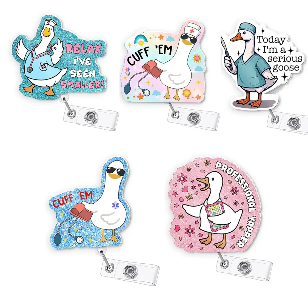 New Badge Clip Easy-pull Buckle Wire Device Acrylic Pink Goose Nurse Badge Clip Flash Powder Rotating Telescopic Buckle