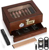 Cigar Humidor Cedar Wood Humidor Cigar Box Glass Top Desktop Humidor with Front Hygrometer Humidifier Divider Accessories Drawer 1