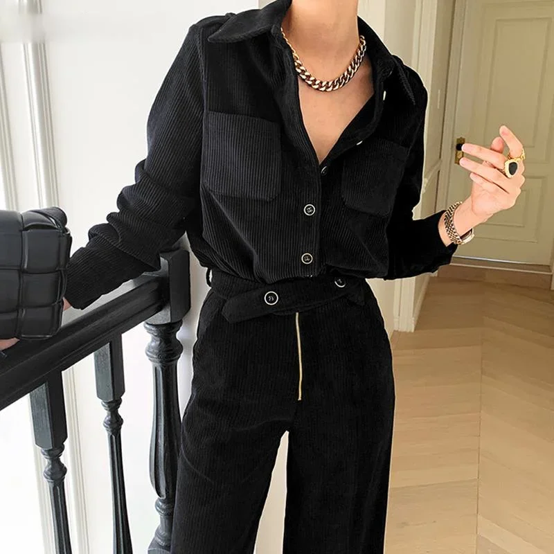 2021 New Spring Fashion Corduroy 2-piece Set Single-breasted Top and High Waist Loose Straight-leg Pants Ladies Women's Suit