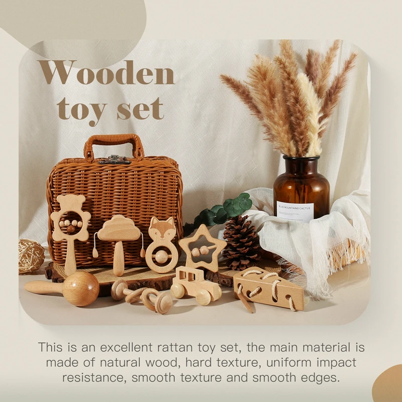 Wooden Baby Rattle Gift Set – Crochet Animal Toy & Montessori Keepsake Box