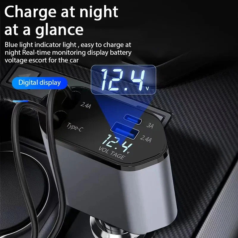 120 W 4 in 1 Auto Ladegerät Versenkbare Auto Zigarette Leichter Adapter USB Typ C Schnelle Ladegerät Kabel für IPhone Xiaomi Huawei Samsung – Detail 7
