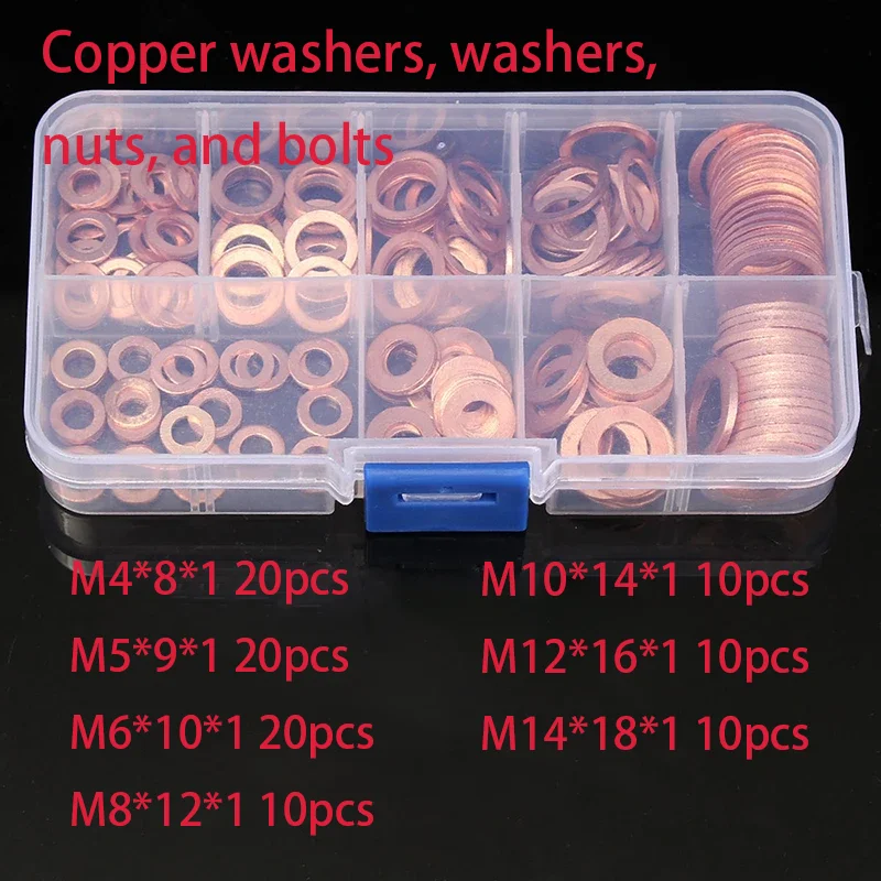 Copper Washer Set 100 PCS M4/M5/M6/M8/M10/M12/M14 Washers Nuts Bolts Box Oil Pan Plugs