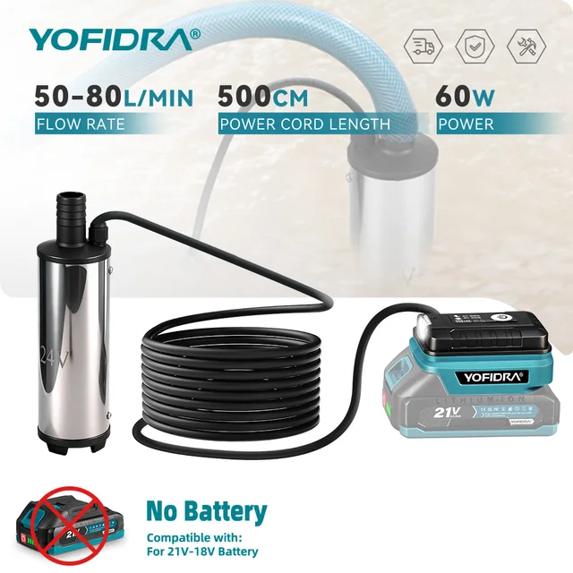 ปั๊มน้ำไฟฟ้าใต้น้ำ YOFIDRA 60W 50-80 ลิตร/นาที แบบไร้สาย ปั๊มถ่ายน้ำขนาดเล็ก เครื่องมือไฟฟ้าสำหรับใช้ในบ้าน ใช้กับแบตเตอรี่ Makita 1