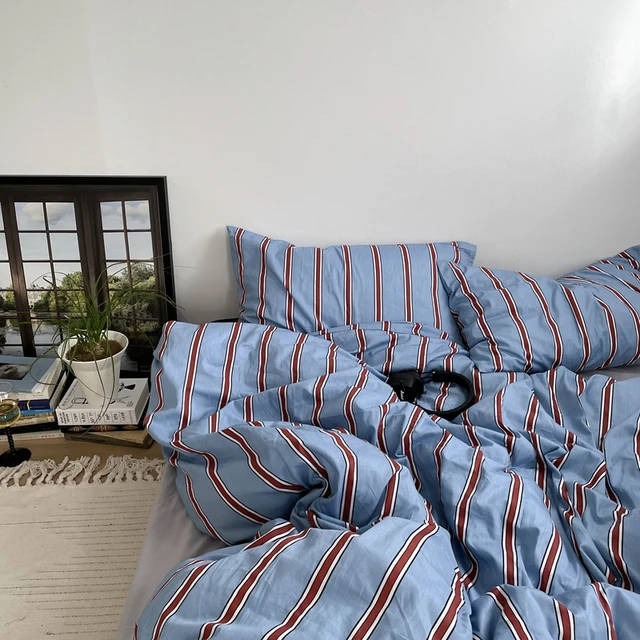 Linge de lit 100% coton housse de couette rayure Queen Size 40s housse de couette taie d'oreiller housses de literie mode Textile de maison fronde nordique 1