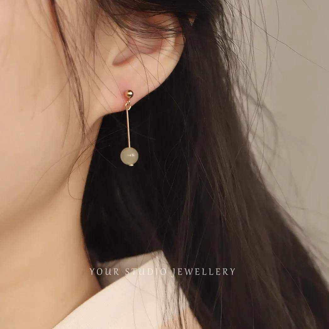 

Light luxury 925 sterling silver 14k gold-plated needle natural Hetian jade earrings for women