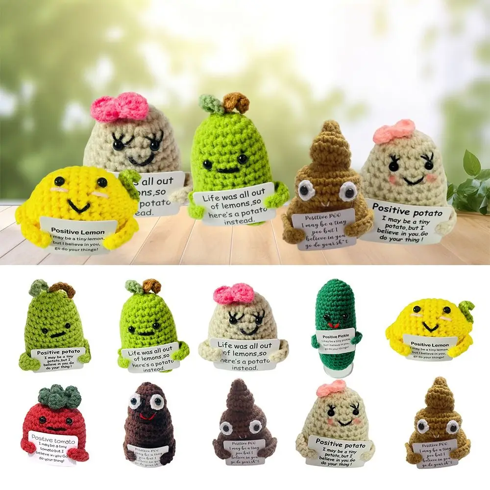 

Funny Positive Potato Wool Knitting Doll with Positive Card Knitted Potato Dollo Ornaments Home Office Decoration Gift