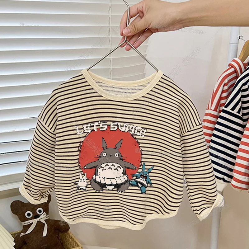 Adorable Cartoon Print Toddler Girl Long Sleeve Striped Tee - Kids Autumn & Spring Top