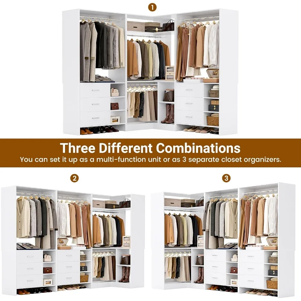 Closet System with 6 Drawers, 4 Hanging Rods & Corner Tower, Corner Closet System with Hanging, 92.6" L-Shaped Walk-In Wardrobe 4