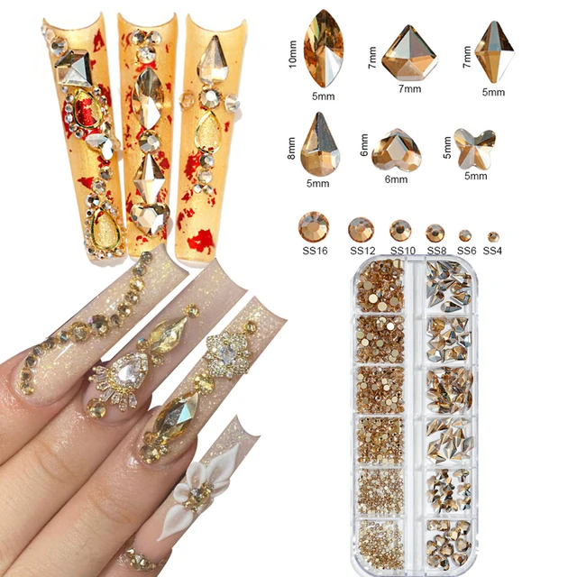 735 Pieces Gold Nail Rhinestones for Acrylic Nails Gold Stones for