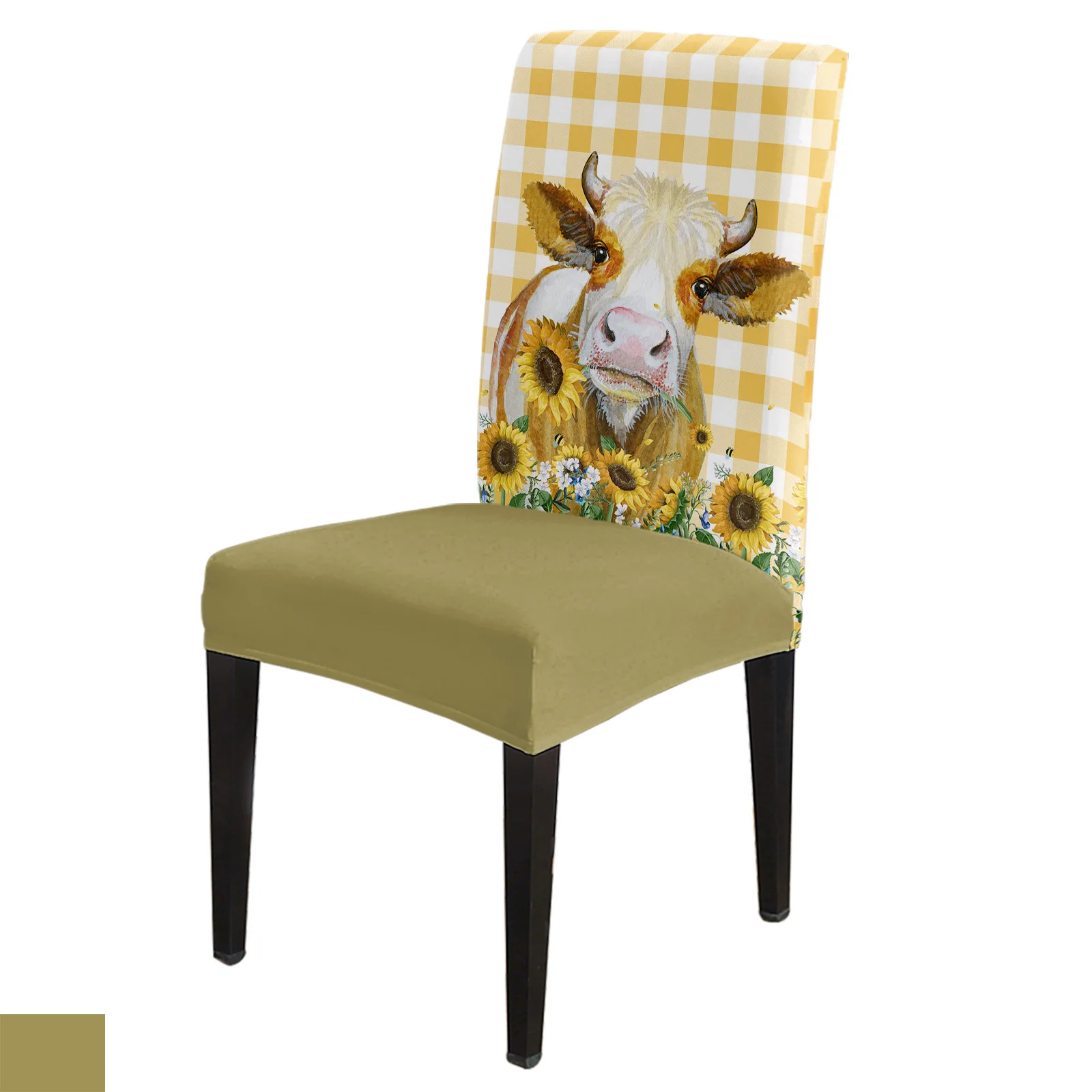 

American Pastoral Farm Cow Sunflower Plaid Chair Cover Dining Spandex Stretch Seat Covers Home Office Decor Desk Chair Case Set