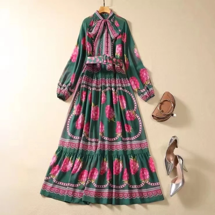 

European and American women's clothing 2023 autumn new Long-sleeved green vintage print bow stand collar Fashion pleated dress