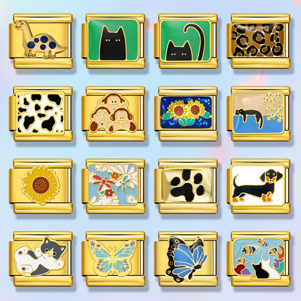 URING Mode Gold Farbe Schmetterling Affe Libelle Katze Italienische Link Fit 9mm Edelstahl Armband Machen DIY Schmuck Charms – Detail 1