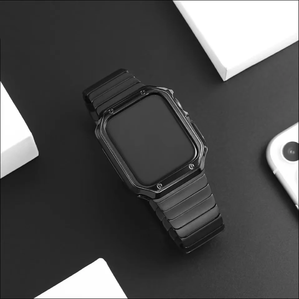 Sleek Stainless Steel Watch Strap with Soft TPU Protective Case