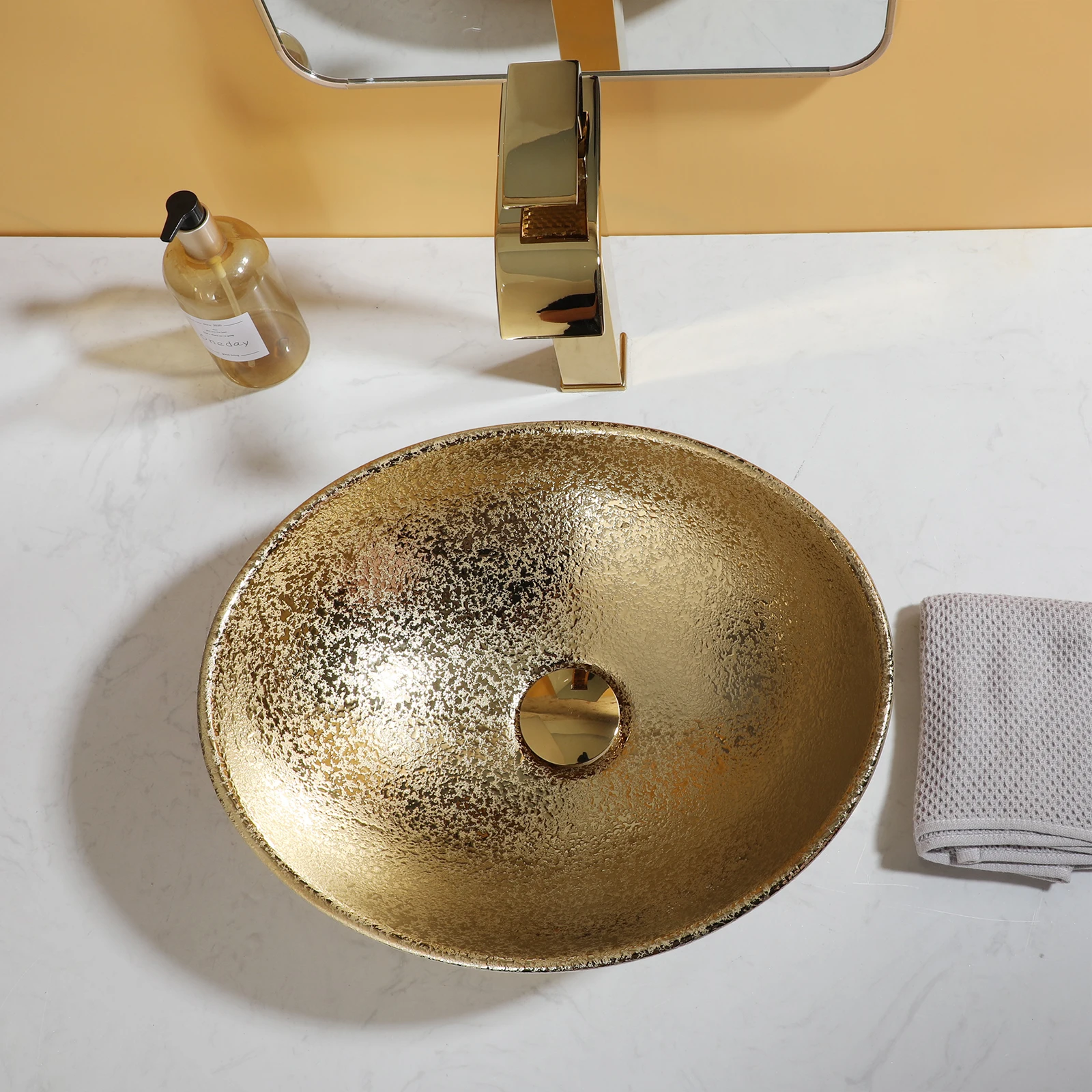 KEMAIDI 16" Gold Bathroom Sink Ceramic Vessel Sinks for Bathrooms Above Counter Bathroom Sink Oval Vessel Sink with Faucet Combo 2