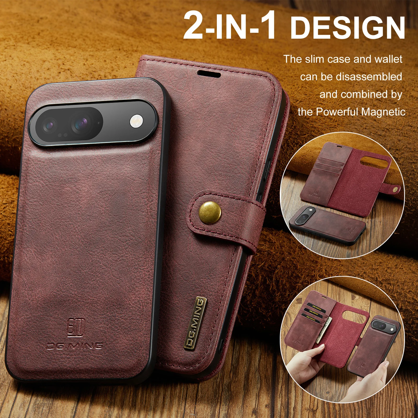 Premium Detachable Magnetic Leather Wallet Phone Case with Card Slot and Protective Flip Cover