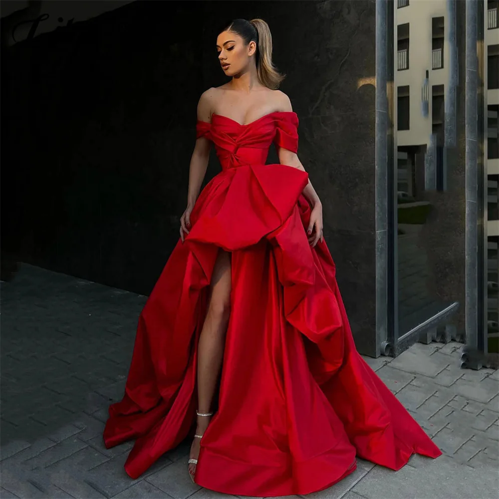 women prom dresses Lily Off the Shoulder Prom Dress Side High Split A Line Evening Dress Stain Pleat V-Neck Formal Occasion Dresses Customized