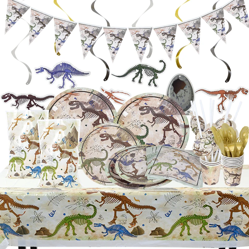 Dinosaur Fossil Archaeological Theme Disposable Tableware Dino Napkins Plate Cup Banner Kids Happy Birthday Party Decor Supplies |
